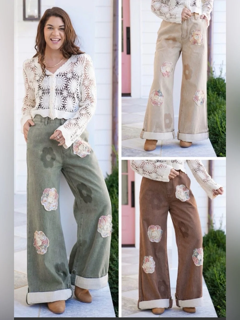 POL Boho Choco Wide-Leg Floral Patch Pants - Picture 1 of 4
